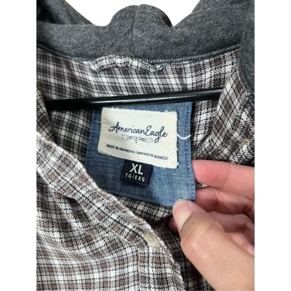American Eagle Cropped Hooded Flannel Shirt Plaid Size XL - Image 5