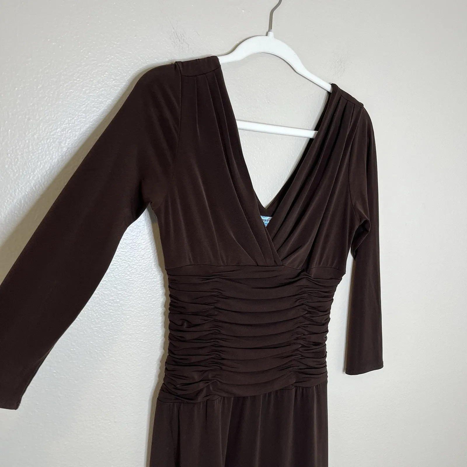 Women's Y2K Vtg Dress Espresso Chocolate Brown Ruched V Neck Twee Babydoll Sz 6 - Image 2