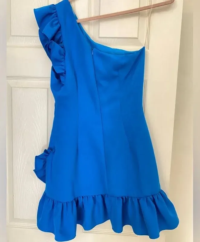 One Shoulder Ruffle Blue Dress - Image 4