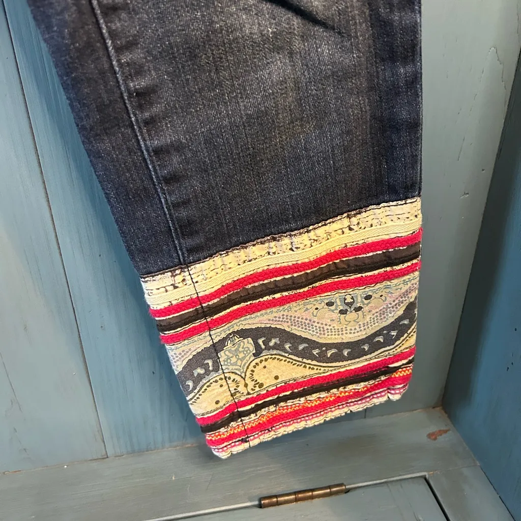 Pilcro by Letterpress Indigo Jeans with Multicolor Patchwork Hem | Size 28 - Image 3