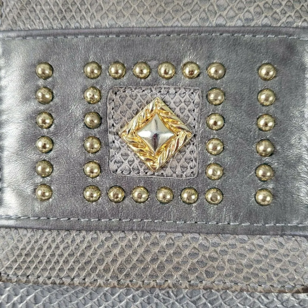 Bags by Pinky Vintage Metallic Silver Leather Shoulder Gold Studs Grommets USA - Image 6