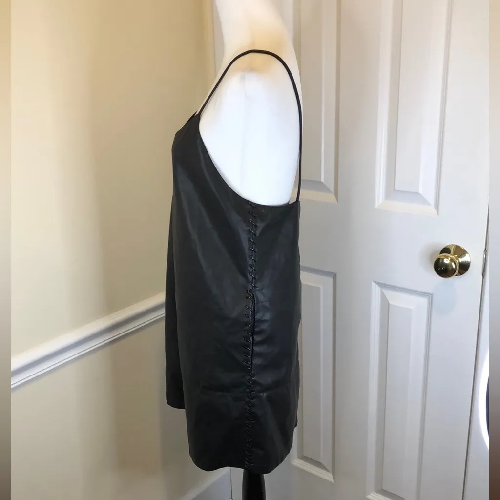FREE PEOPLE Faux Black Leather Spaghetti Strap V-Neck Dress w Pockets Sz L - Image 14