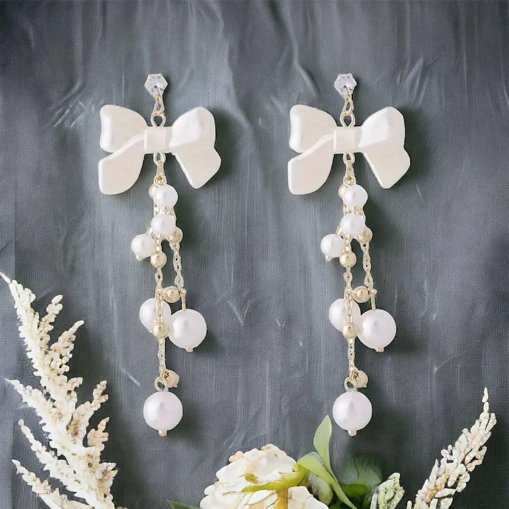Retro Style‎ Bow Decor Faux Pearl Tassel Earrings *Fashion Earrings Gold - Image 8
