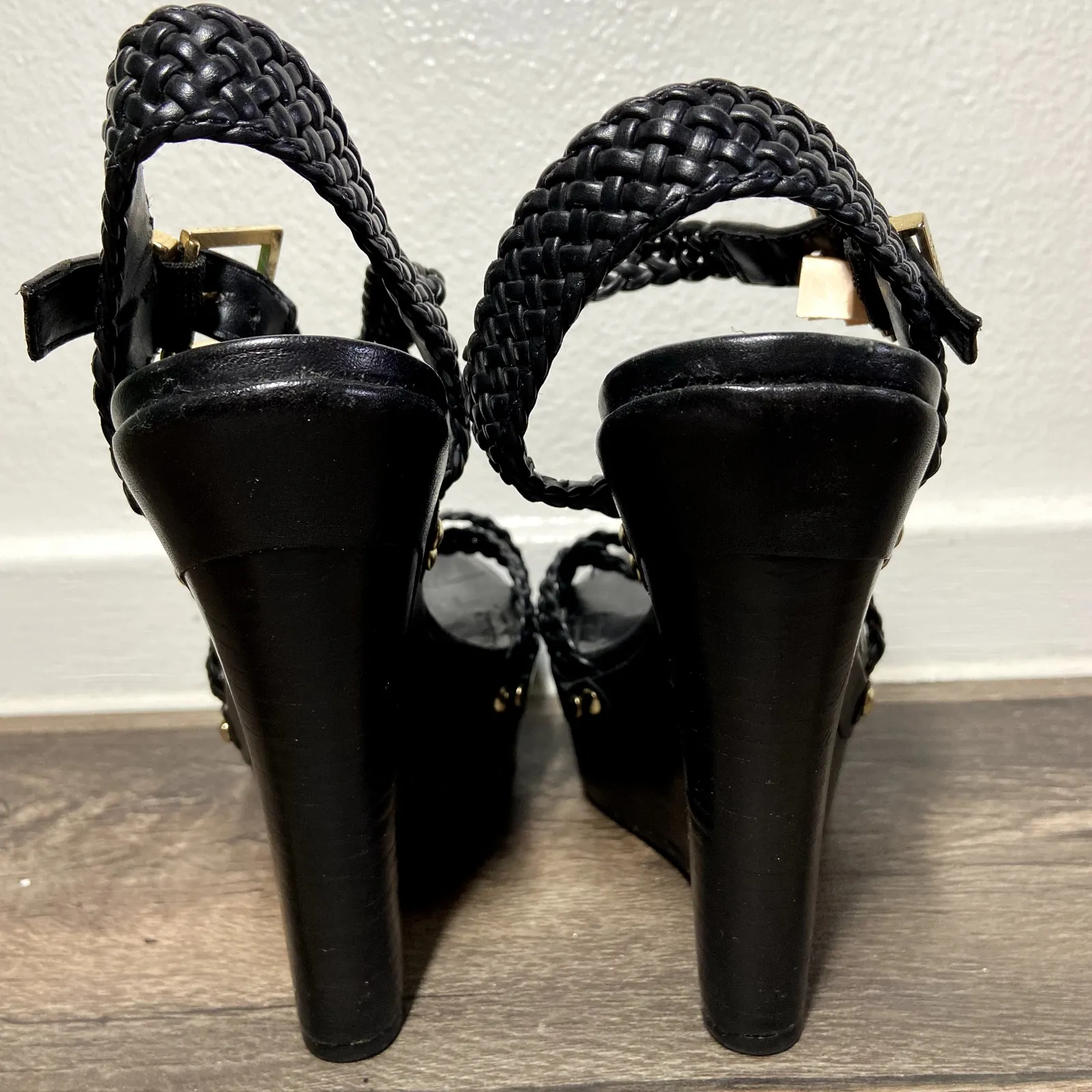 Schutz Wedges Platform Leather Braided Criss Cross Ankle Strap Black 7.5 - Image 3