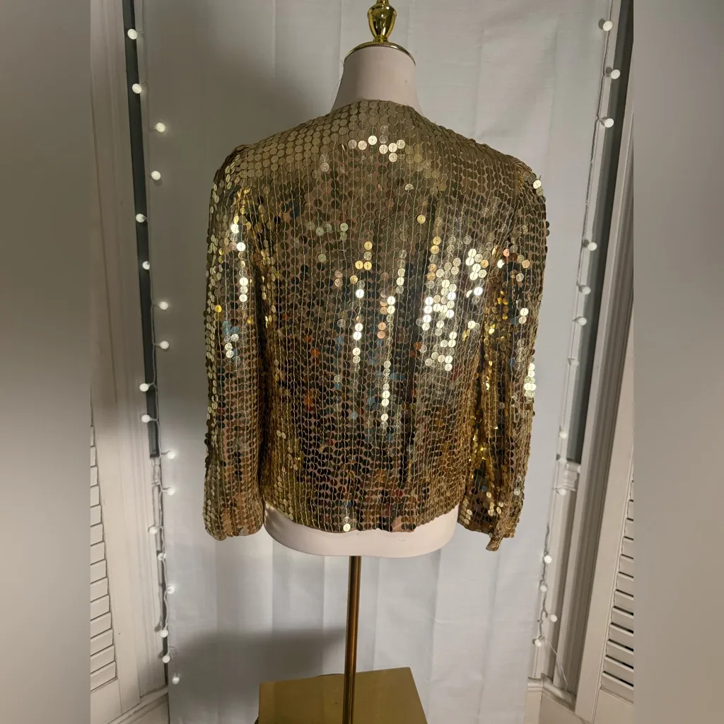 Vintage Gold Sequin Open Front Disco Jacket Marshall Rousso Las Vegas Sz 4 - Image 2