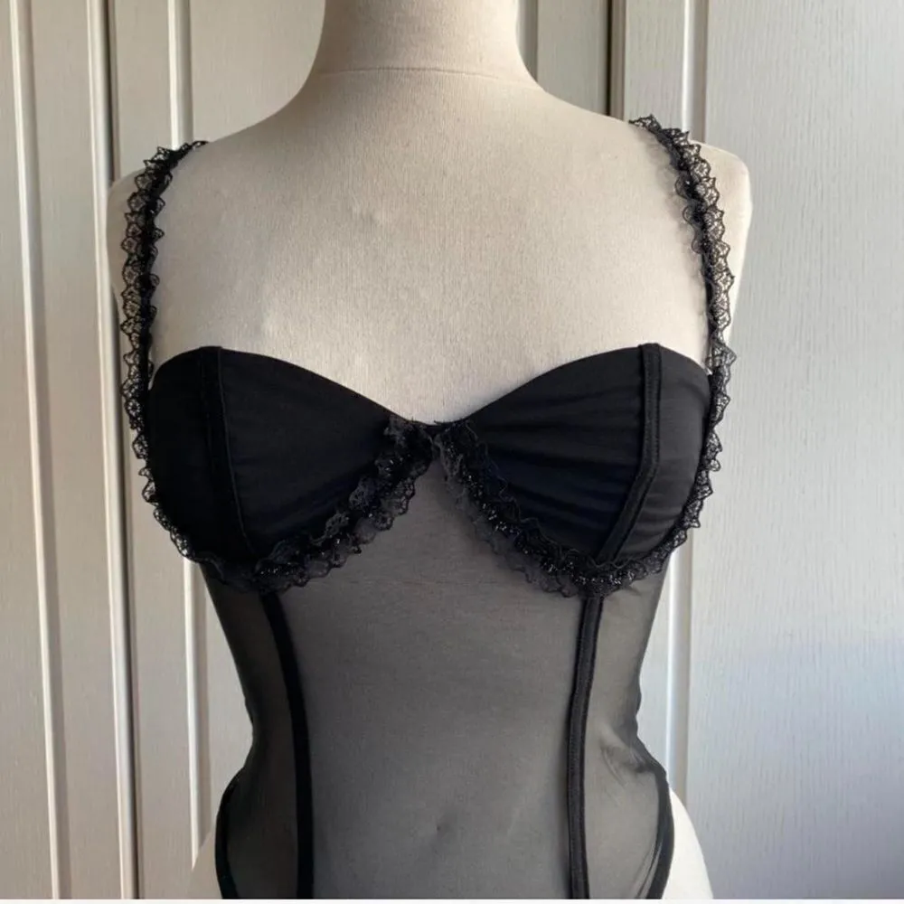 Black Mesh Bodysuit with Lace Straps and Ruffled Cup Details Size L - Image 8