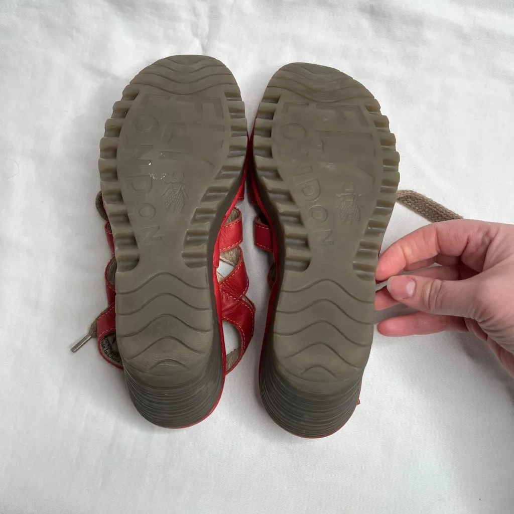 Fly London Yito Red Leather Lace Up Wedge Sandal Shoes EU 37 - Image 9