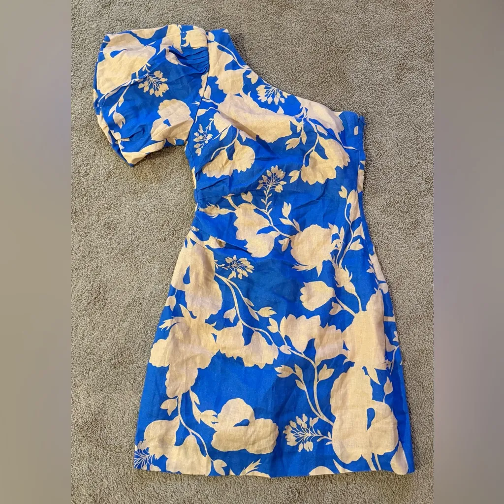 KIVARI Aurora One Shoulder Mini Dress – Blue Floral Linen – Size XS / US 2 – NWT - Image 6