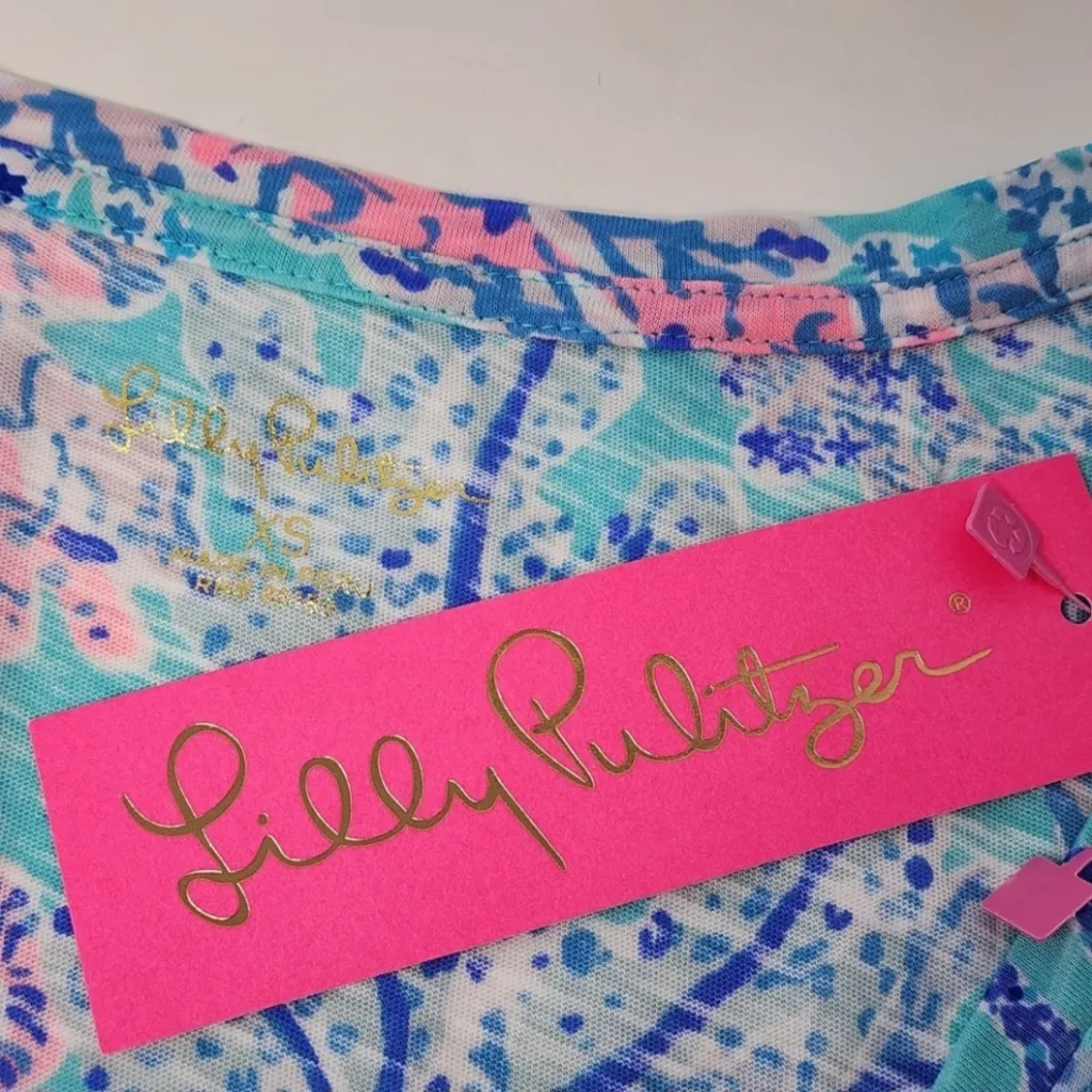 Lilly Pulitzer Etta V-Neck Blue Ibiza Now You Sea Me‎ 100% Cotton Short Sleeve - Image 9