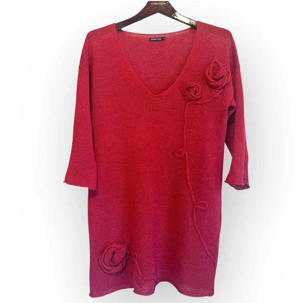 Grizas 100%Linen knit tunic sweater, loose knit, roses appliquee, 3/4 sleeves, M Red Size M - Image 1