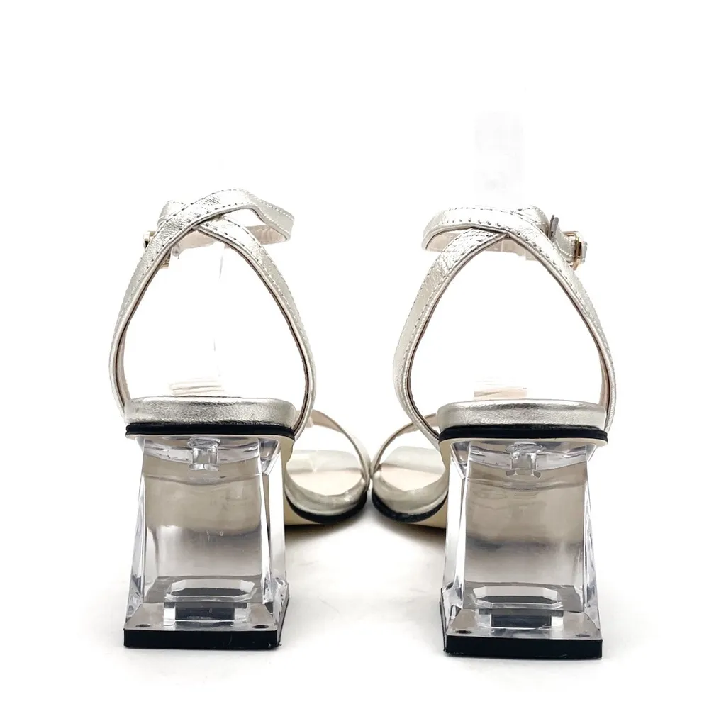 All Black Crystal Lady Sandal Size EU 37 | US 6.5 Platinum Leather Lucite Heel Silver - Image 9