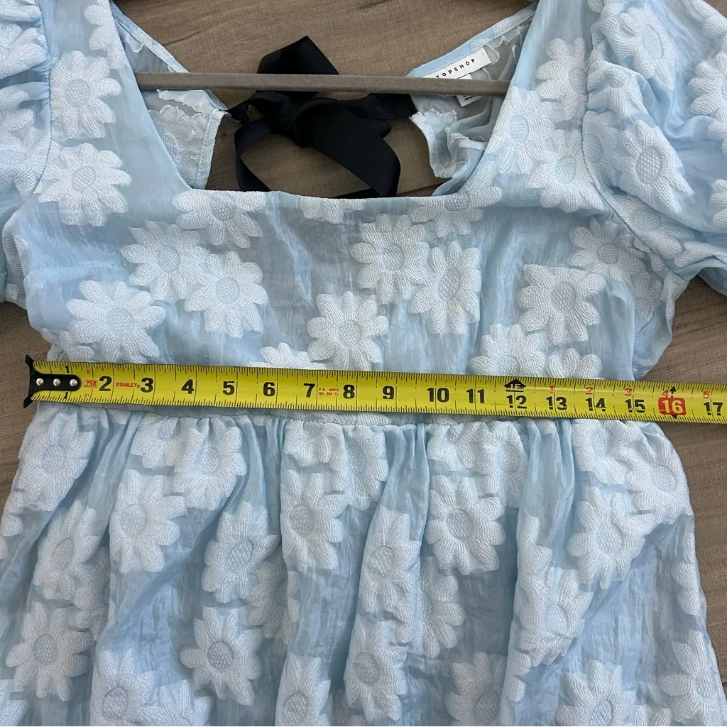 TopShop Baby Blue Floral Embossed Puff Sleeve Babydoll Mini Dress 8 - Image 11