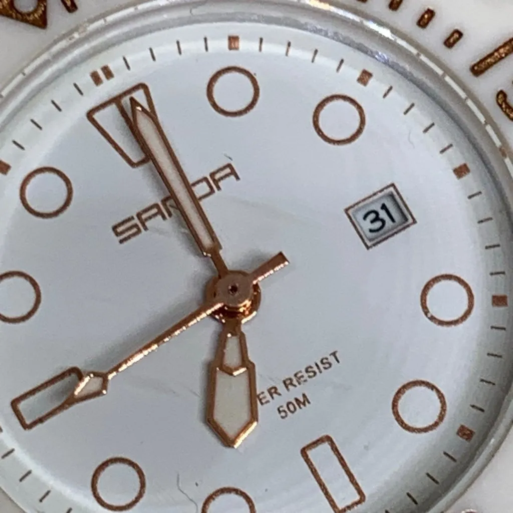 Sanda women’s date watch white tone 35mm round quartz analog plastic running - Image 4