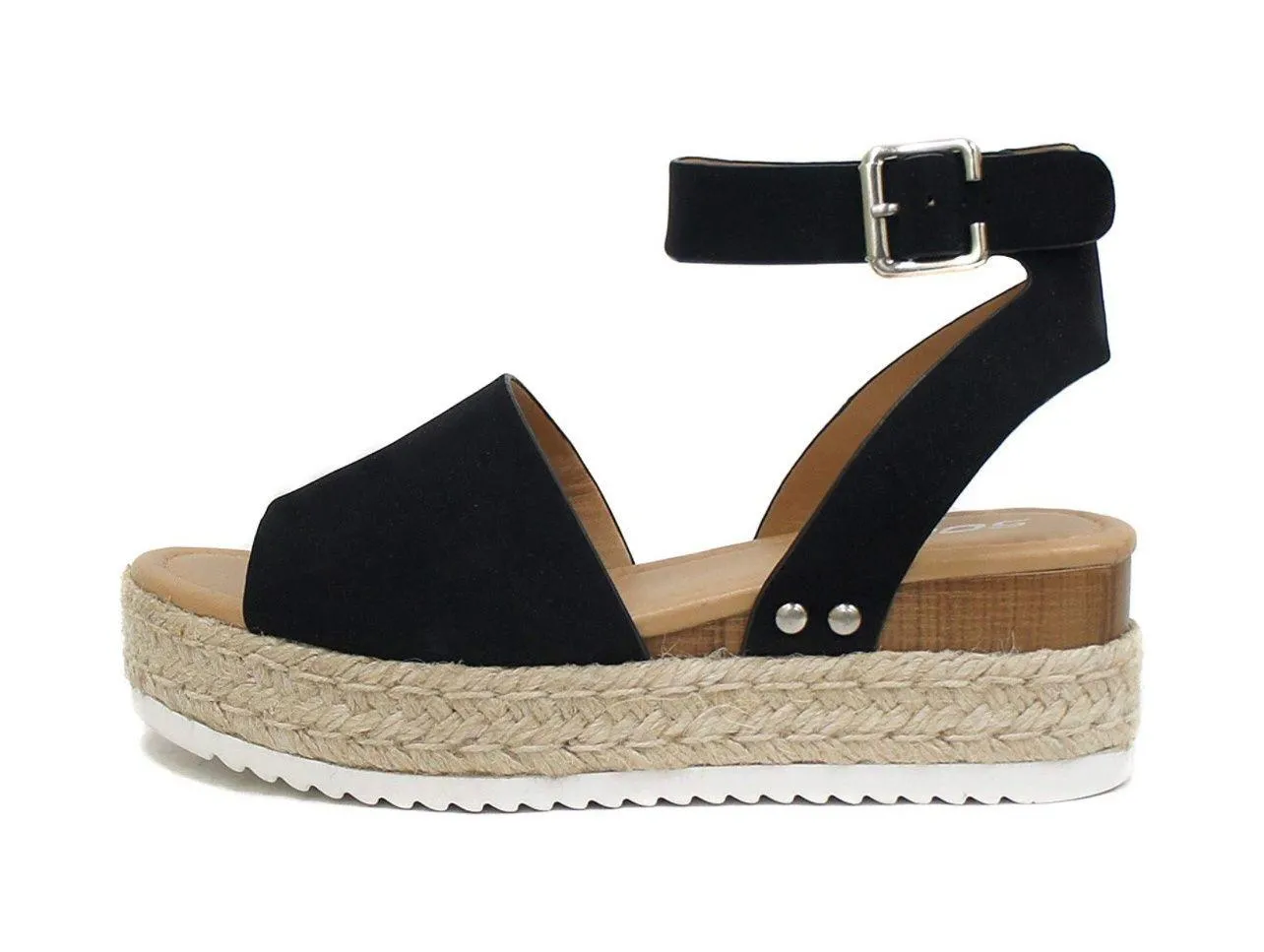 Black Open Toe Buckle Ankle Strap Espadrilles Flatform Wedge Casual Sandal - Image 4