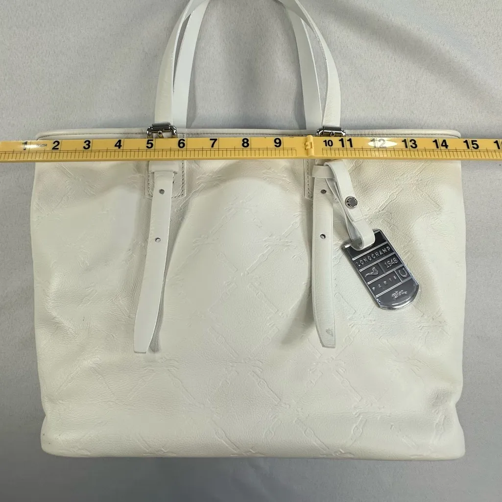 Longchamp • LM Cuir Embossed Logo Metal Luggage Tag White Double Shoulder RARE - Image 12