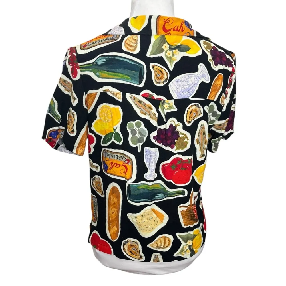 Lisa Says Gah Andie Italian Print Top Women’s Size XS Button Front Retro Look Black - Image 5