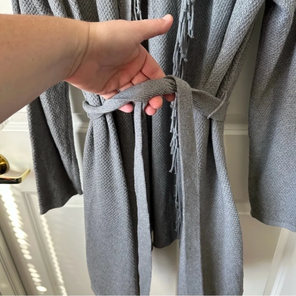 J.Jill Fringe Knit Cardigan Dark Gray Belted Sweater Shawl Collar Size L Tall Size L - Image 4