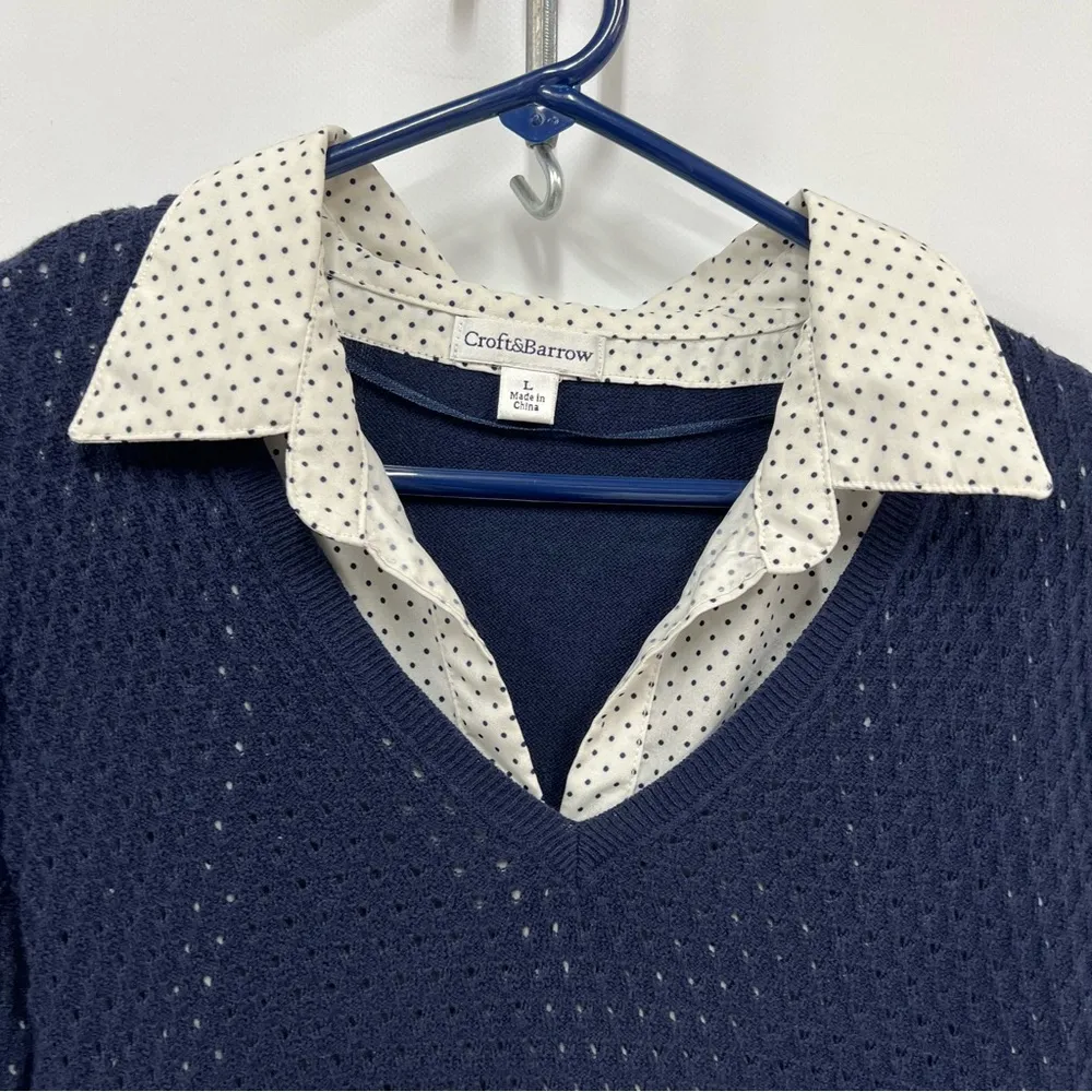 Croft & Barrow large knit Sweater w/built in Polk a dot blouse navy blue white - Image 5