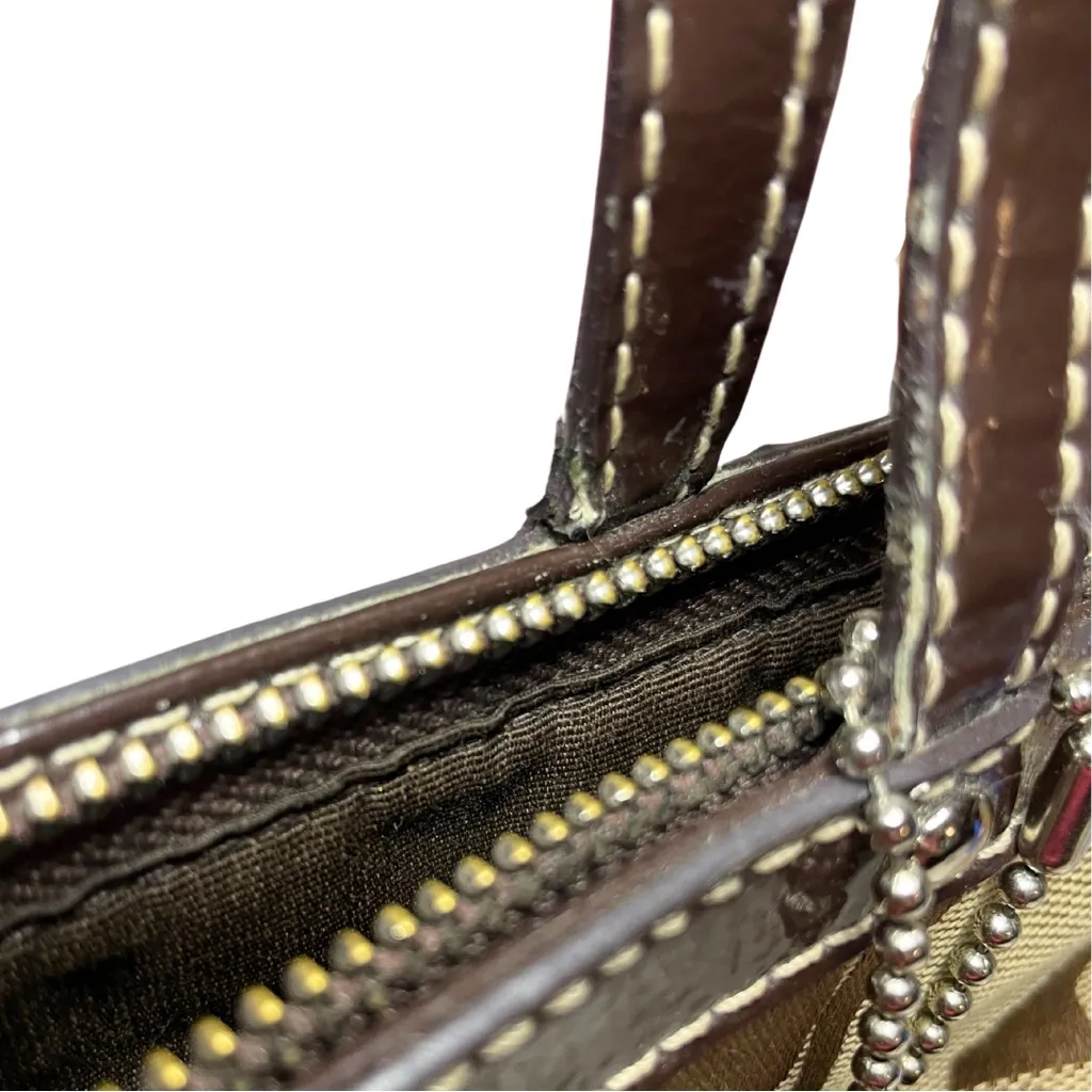 Coach Signature Y2K Stripe Tote Brown + Tan Patent Leather Handles Zip Top - Image 10