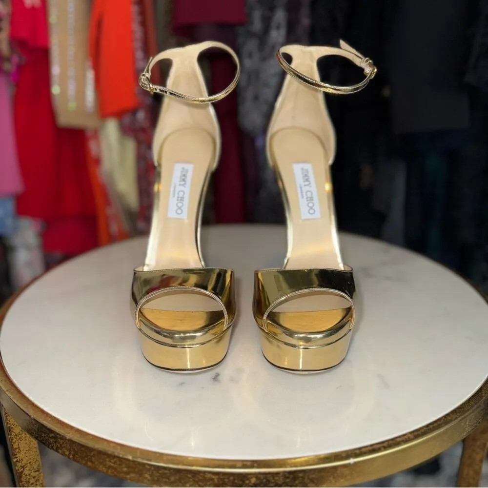 Jimmy Choo Gold Max 150 Mirrored-Leather Platform Stiletto Heel Open Toe Sandal - Image 7