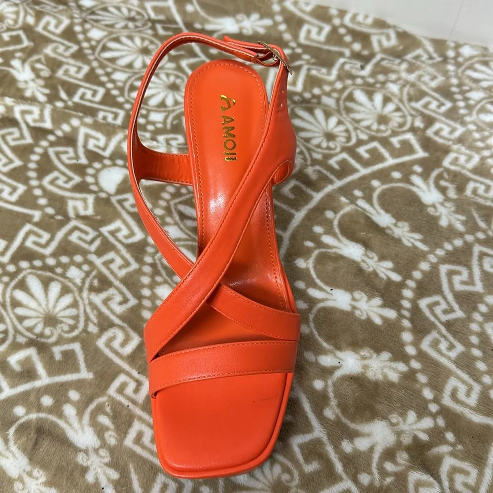 Amoji Women 4 Inch Block Heels Platform Cross Strap Chunky Heeled Sandals Orange Size 8.5 - Image 6