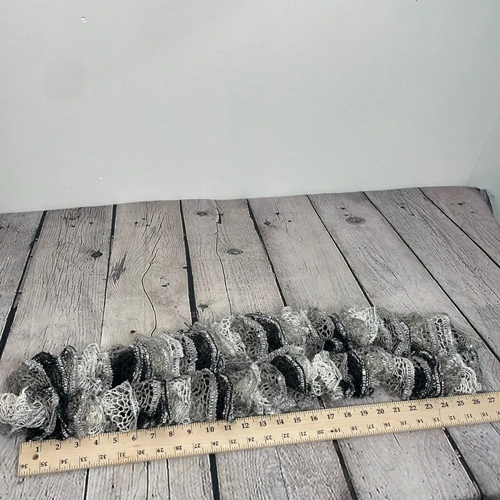 SCARF Crocheted Ruffle Scarf White, Gray & Silver Shimmery Black - Image 7