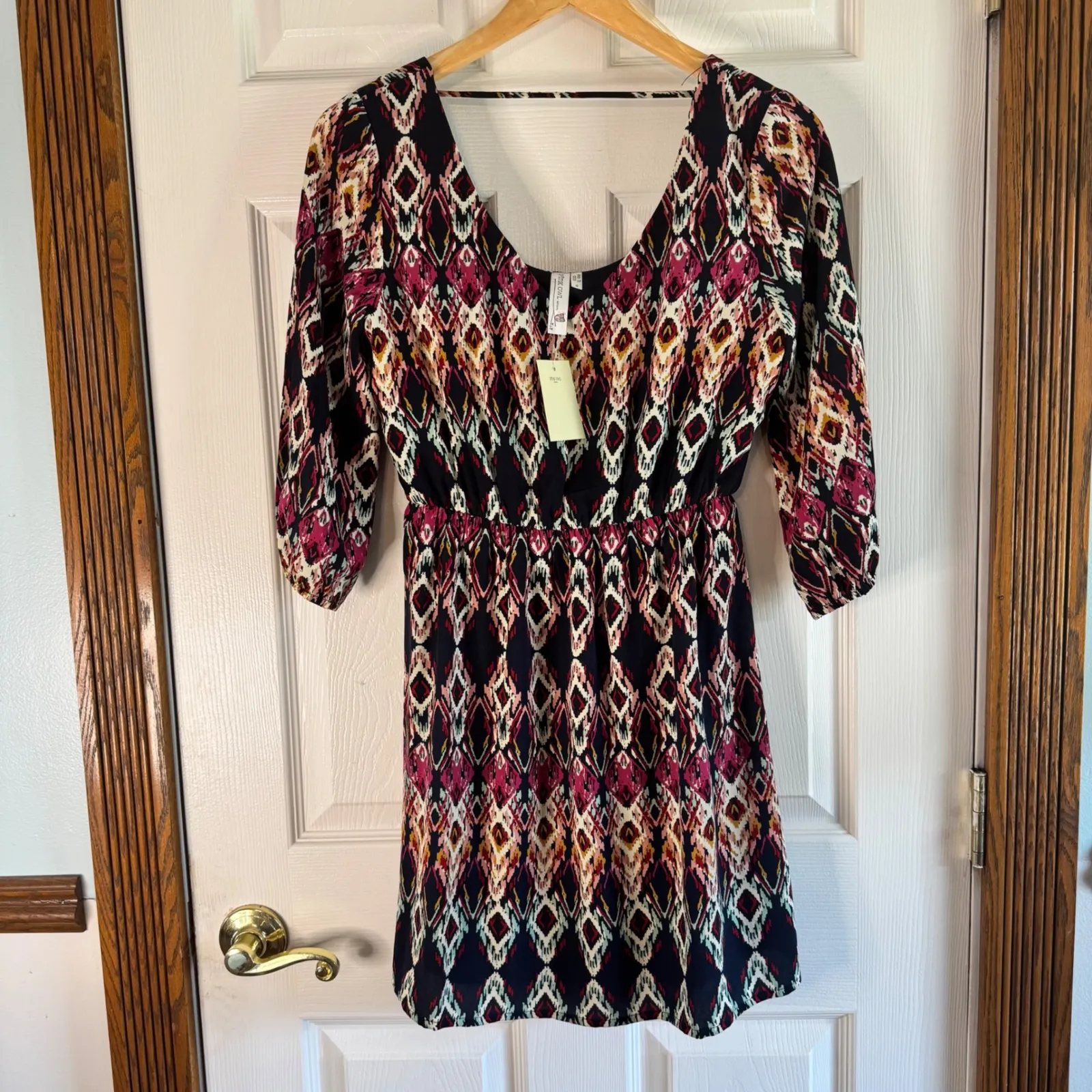 Pink Owl Diamond Print Dress V-Neck 3/4 Sleeve Casual Dress‎ Size S - Image 6