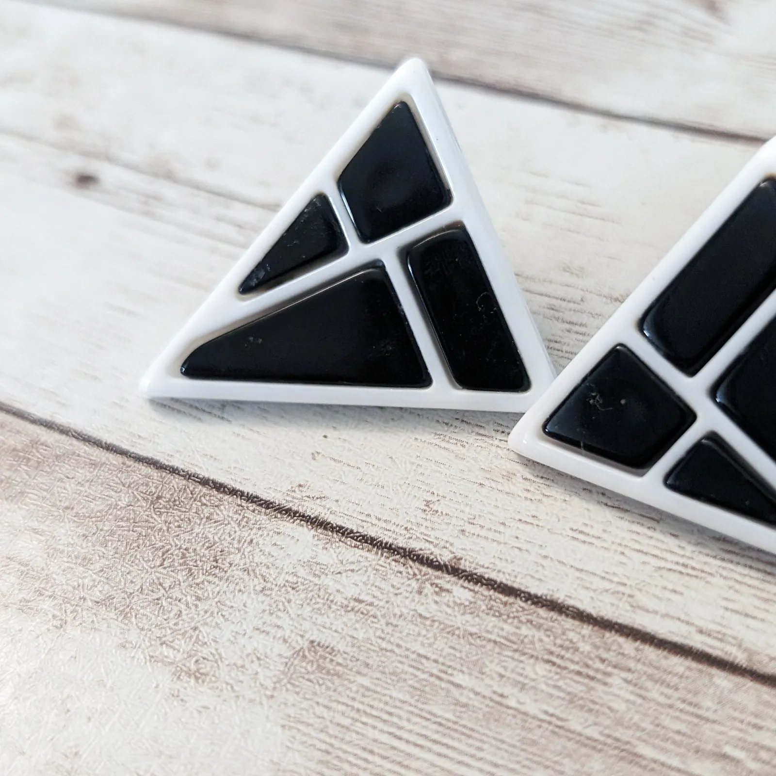 Vintage Clip On Earrings Black & White Large Retro Statement Triangle - Image 5