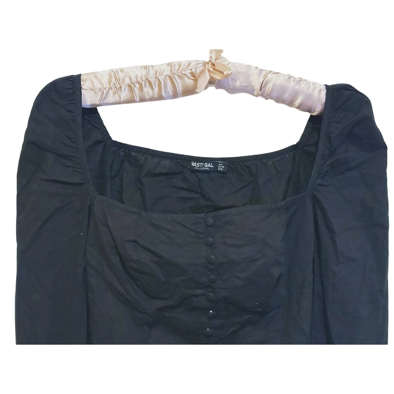 Nasty Gal Coquette Puff Sleeve Square Neck Crop Blouse Size 8 Black Minimalist - Image 8