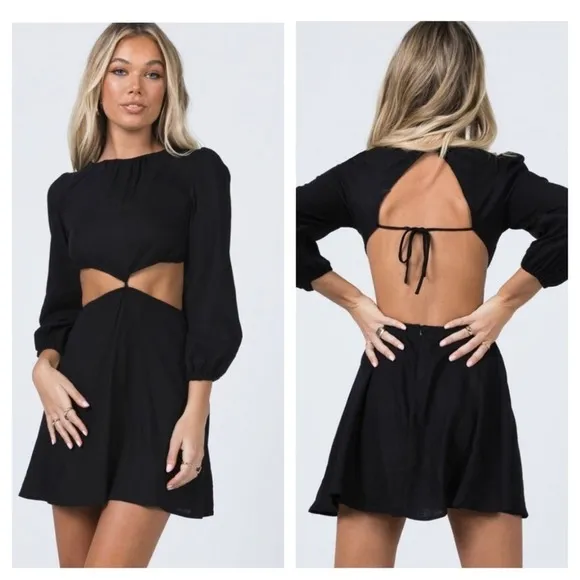 Princess Polly Cassie Black Linen Mini Dress Size 2 Cut Out Long Sleeve Aline - Image 2