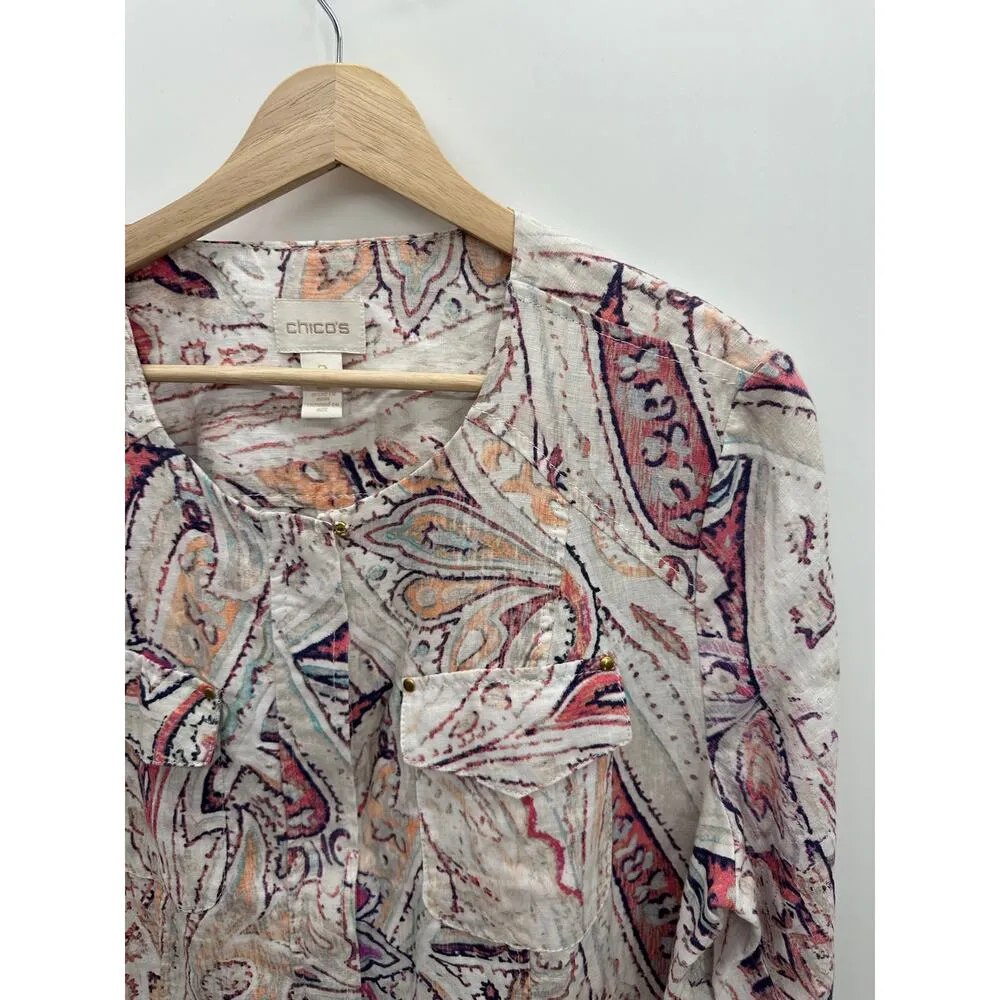 Chico's Jacket Women Large Full Zip Pink Paisley Linen Boxy Pocket Artsy Unique - Image 7
