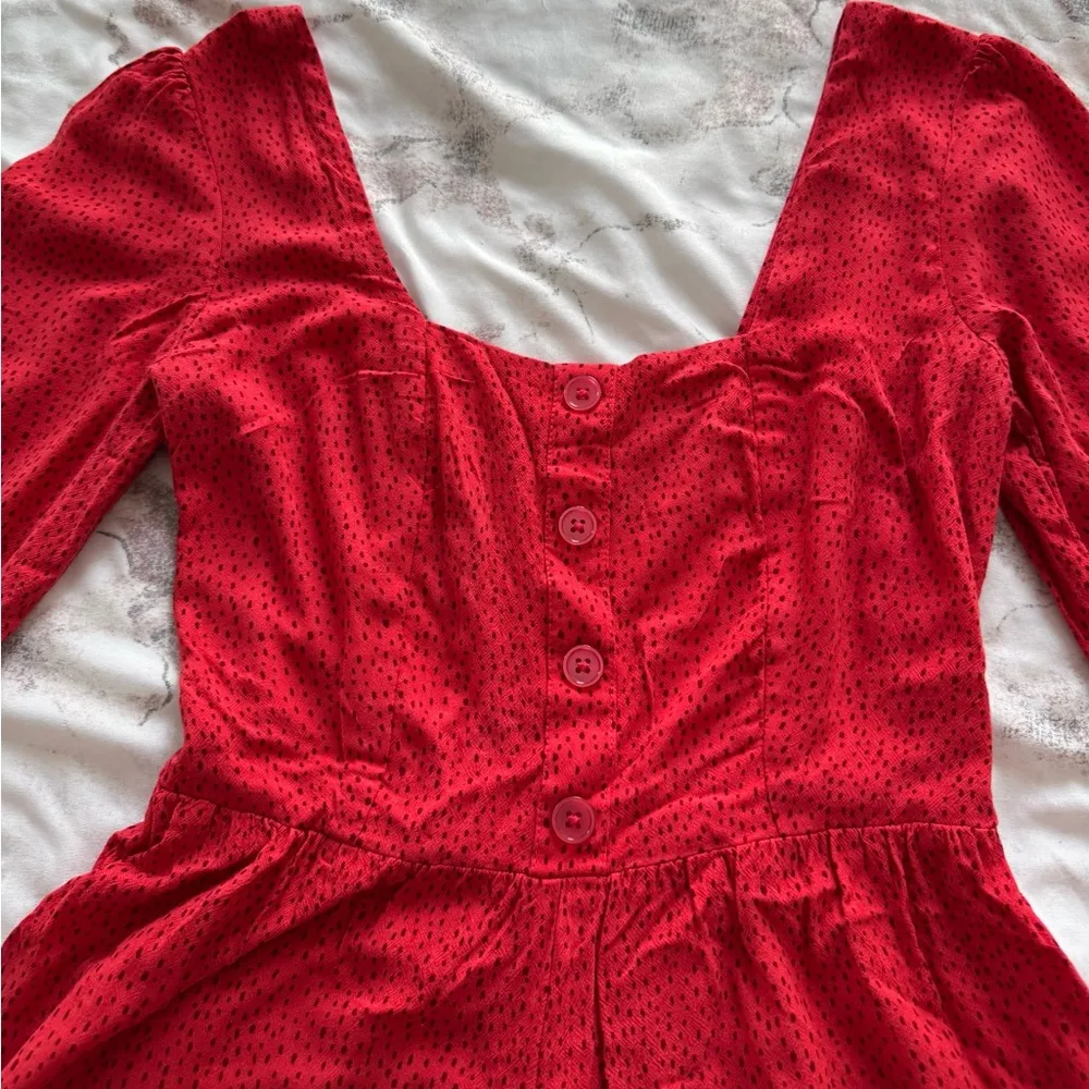 Express Red polka dots long balloon sleeve Button-Front smocked back romper, XXS - Image 7