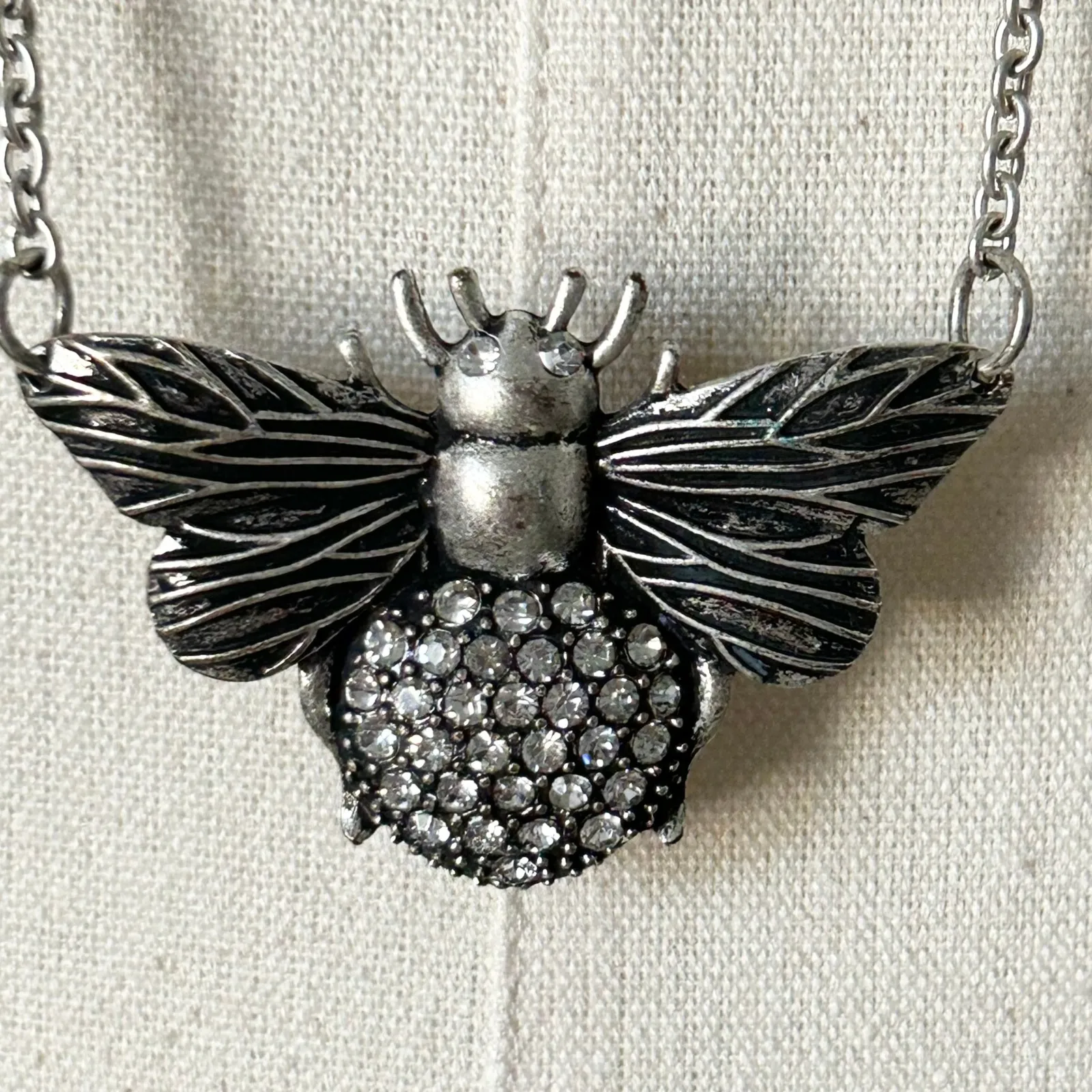 Silver Tone Bee Pendant Necklace Rhinestone Wings Chain Charm Statement Jewelry - Image 3