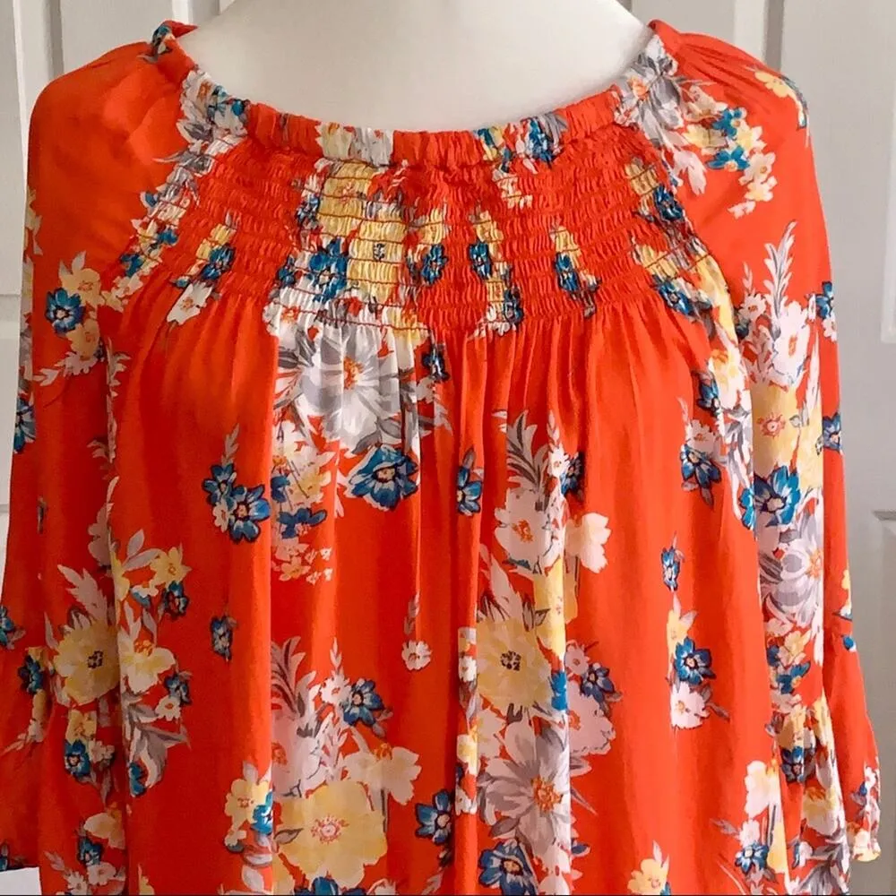 beachlunchlounge Top Latoya Tangerine Floral 3/4 Bell Sleeve Peasant Top Small - Image 14