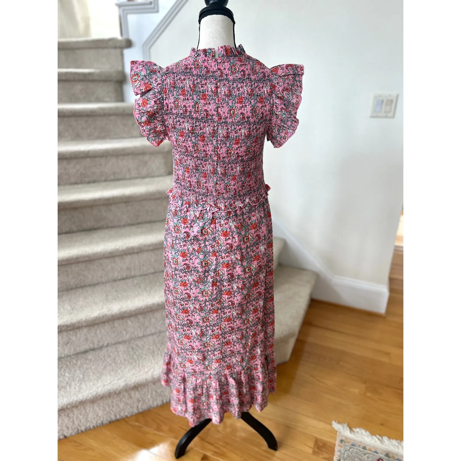 Anna Cate Pink Floral Block Print Shirred Ruffle Sleeve Midi Dress Size M - Image 2