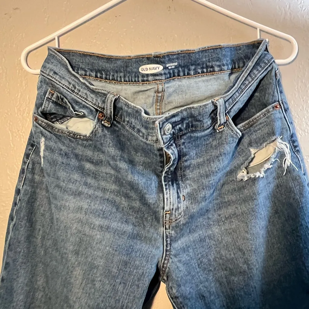 Old Navy Blue Ankle Cropped Pants SZ 8 Boyfriend Jeans Mid Rise Ripped Straight - Image 2