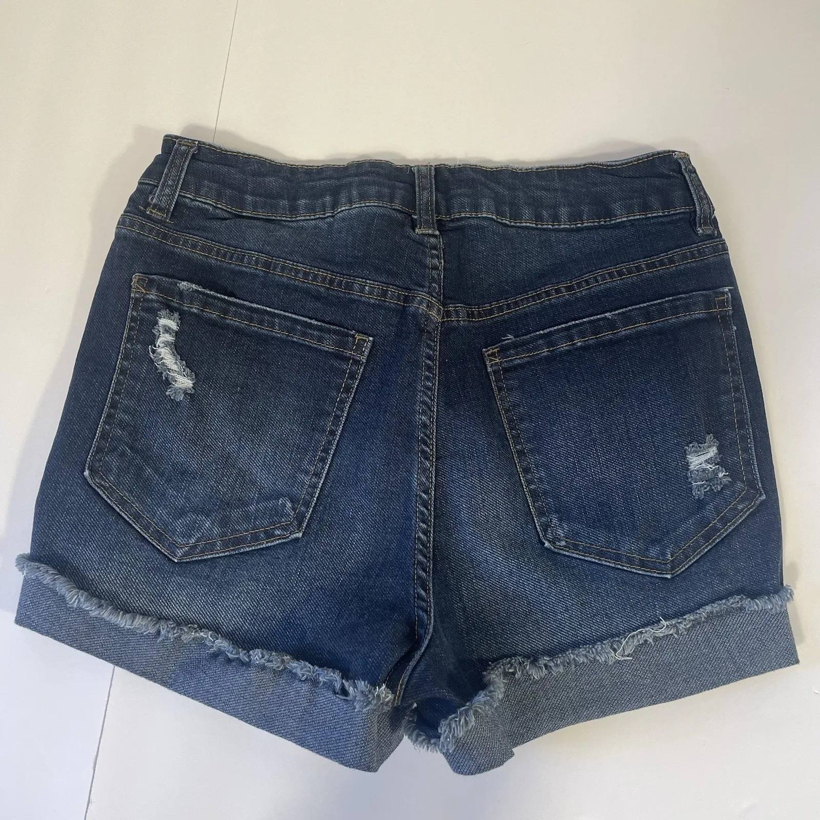 Blue Spice High Waist Distressed Denim Shorts‎ Cuffed Raw Hem Size 7 Dark Wash - Image 4