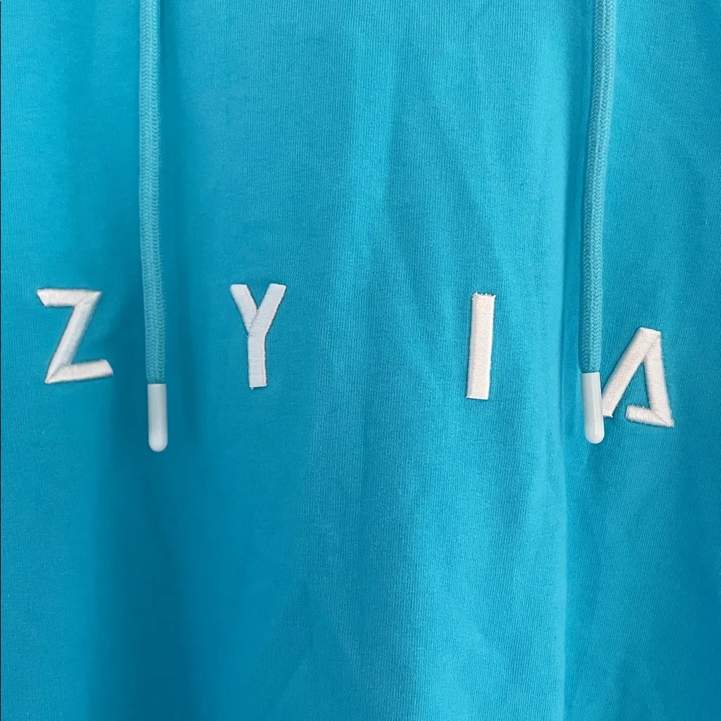 ZYIA Active Raw Edge Crop Hoodie Embroidered Logo in Sky Blue Size M NWT - Image 4