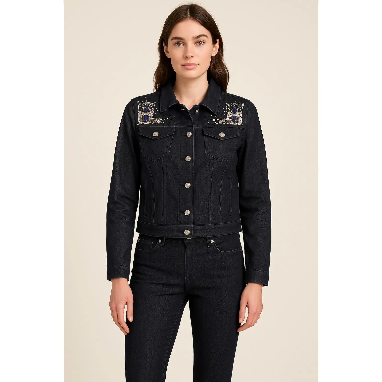 Chicos Platinum Dark Wash Denim Jean Embellished Jacket Pant Lot 2 XS/S - Image 2