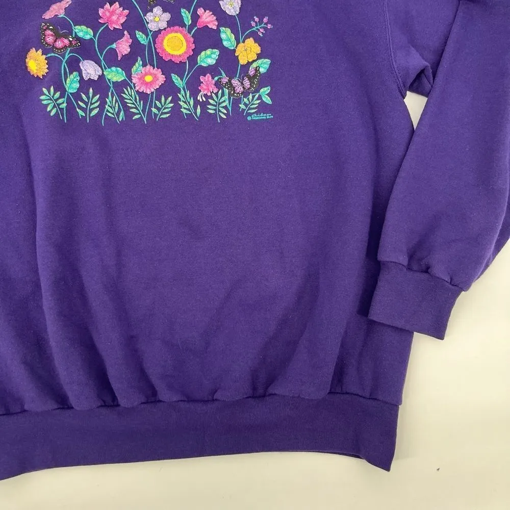 Vintage 90s Flowers Grandma Morning Sun Sweatshirt Made in USA Large‎ Purple - Image 8