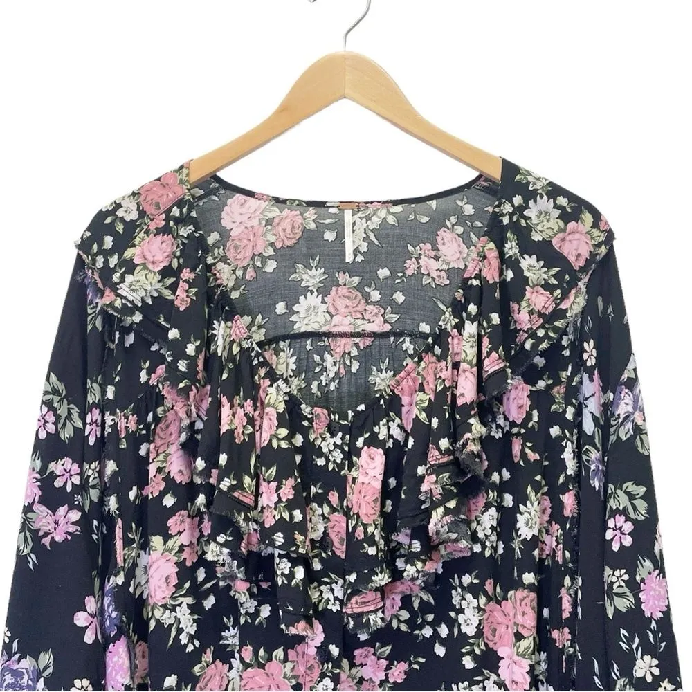 Free People Top Lorretta Black Pink Purple Floral Print Tunic Blouse Size Medium - Image 9