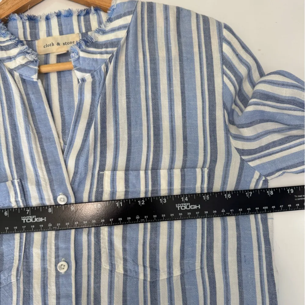 Cloth & Stone Striped Shirt Dress Roll Tab Sleeve Frayed Hem Casual Blue Size XS - Image 6