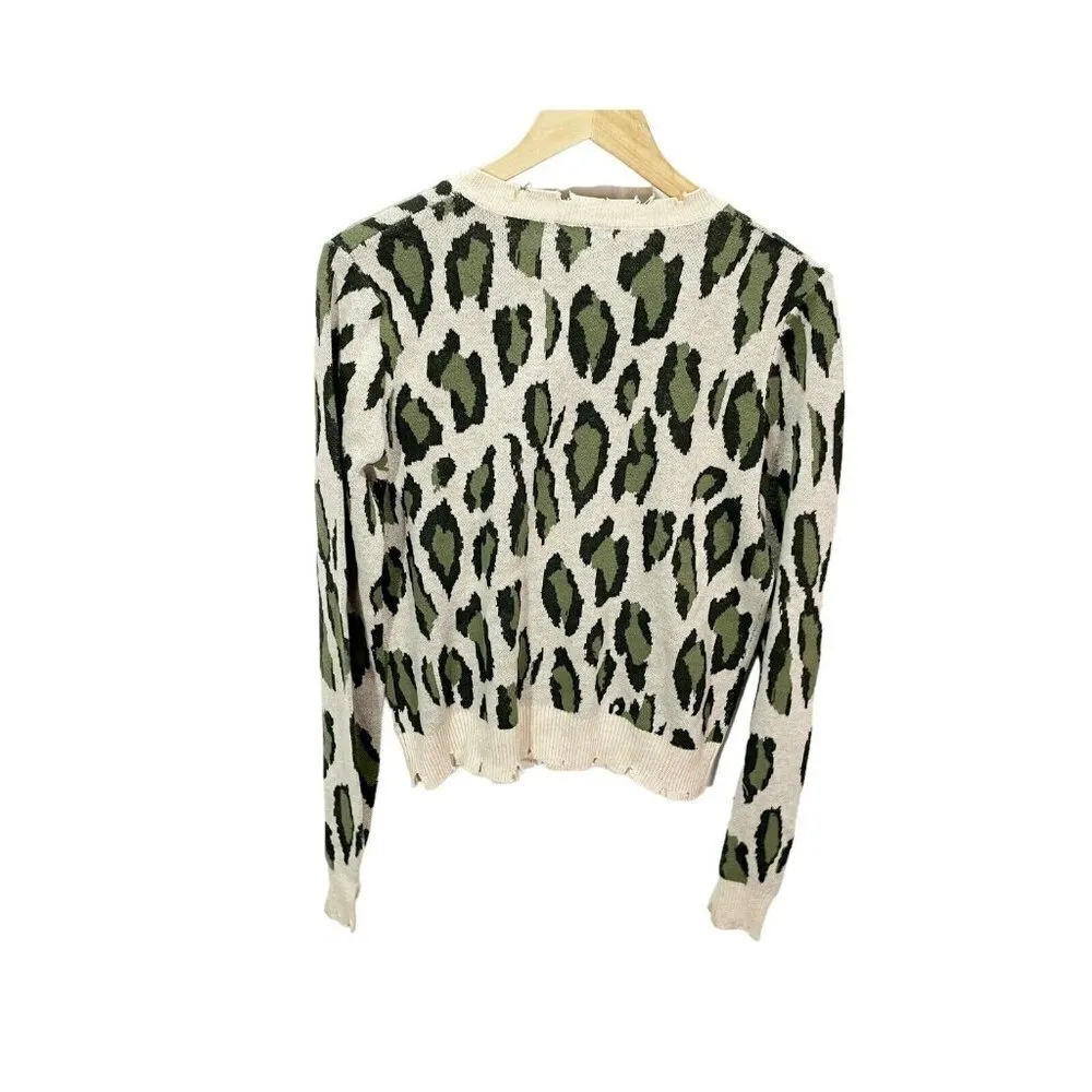 Fate Women's Cheetah Print Distressed Crewneck Sweater Beige Green Size L - Image 2
