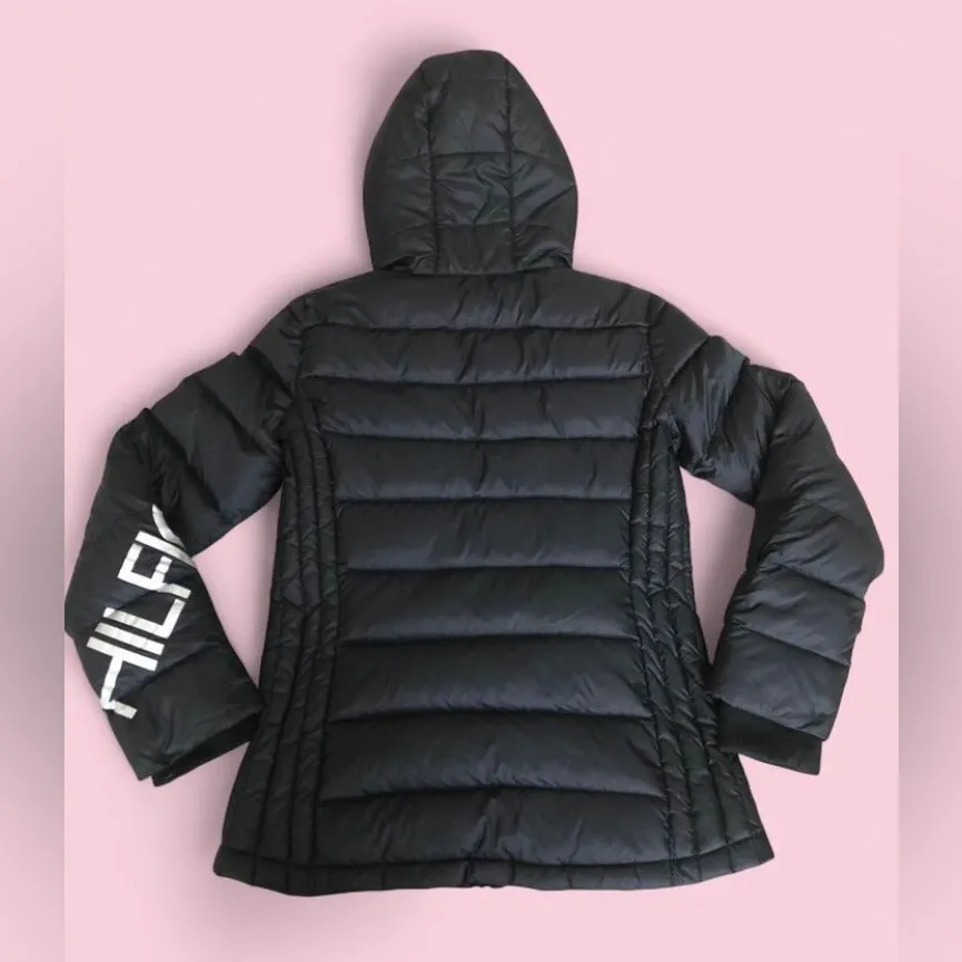 TOMMY HILFIGER Black Puffer Jacket Womens S Quilted Hooded Packable Winter. - Image 3