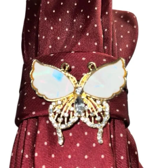 “Dainty Dapper”Burgundy Red Polka Dot Necktie necklace with Butterfly Brooch - Image 2