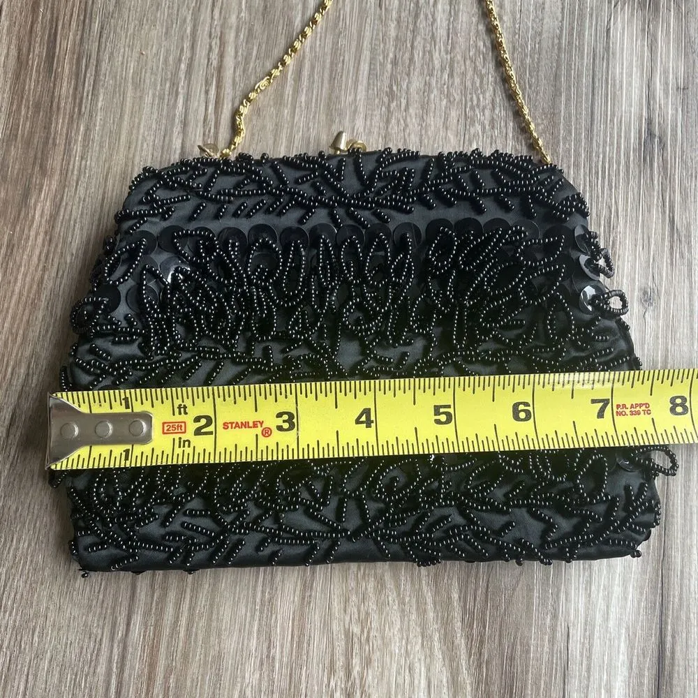 Clutch Bag Black‎ Beaded Evening Purse Hong Kong MCM Kiss Lock Gold Chain Vtg Black - Image 9