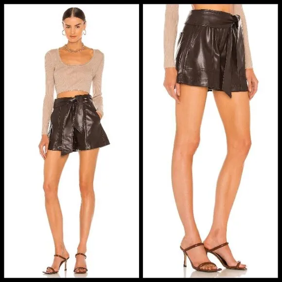 💕JONATHAN SIMKHAI💕 Mari Vegan Leather Tie Shorts Chocolate Dark Brown 8 NWT - Image 2