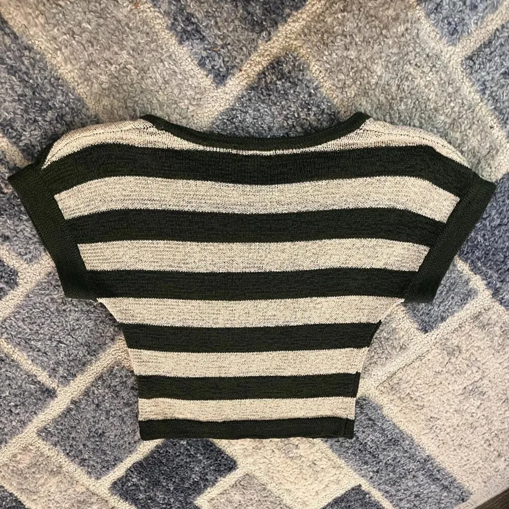 WDNY Cream & Olive Striped Knit Shirt Sweater Top Women's Size M Green Size M - Image 3