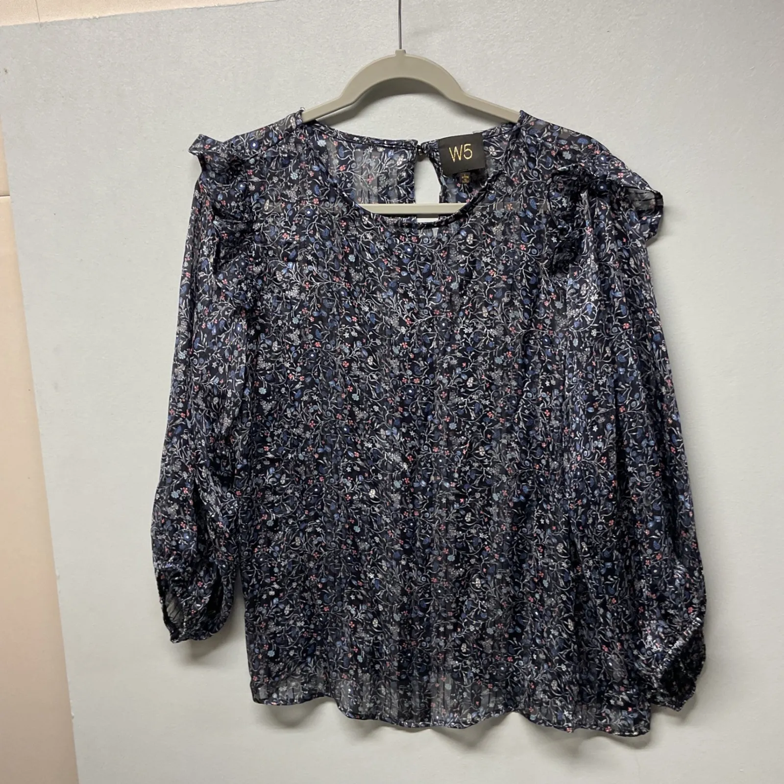 W5 Women's L Floral Print Long Sleeve Ruffle Blouse Top - Image 3