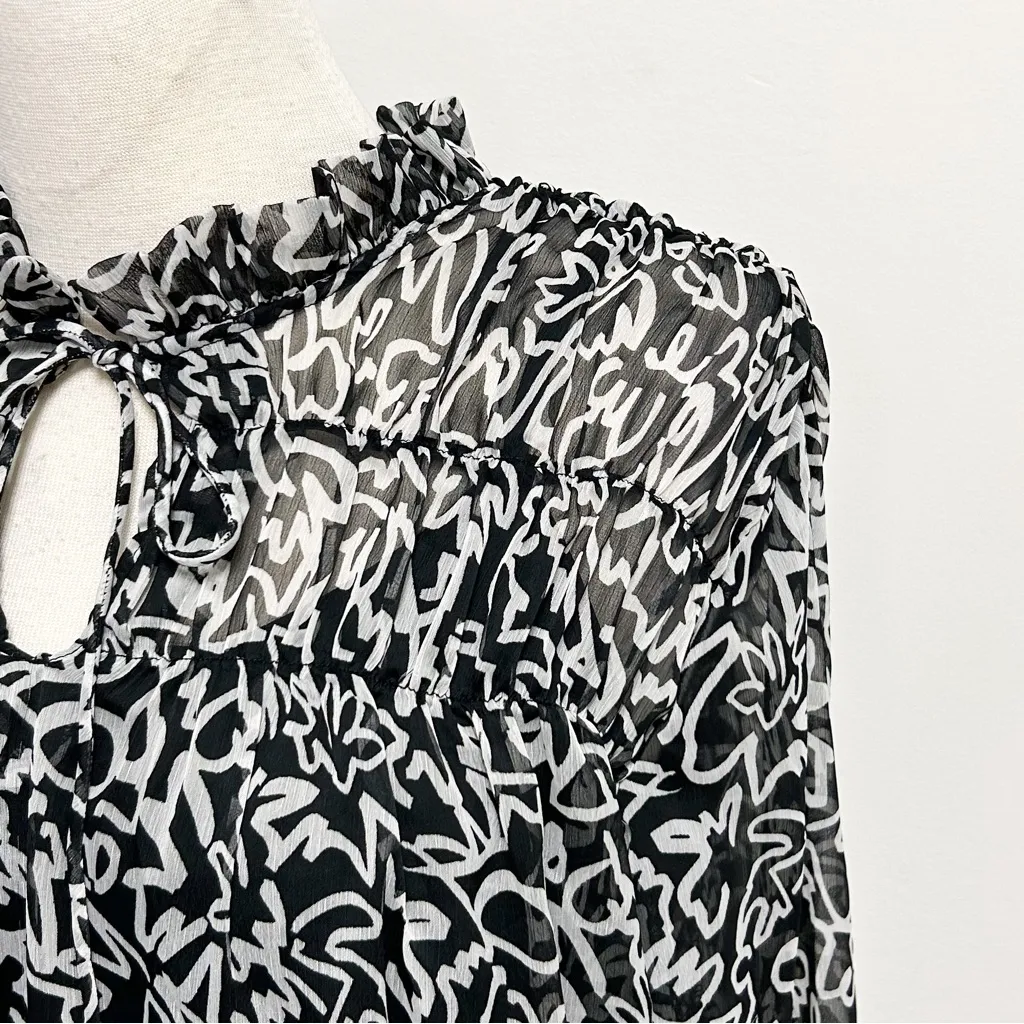 Aware Vero Moda Black White Sheer Camisole Long  Trumpet Sleeve Tie Ruffle Large - Image 3